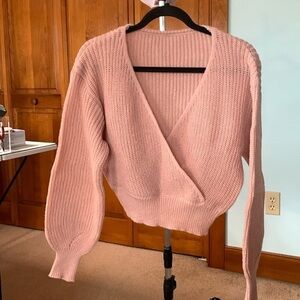 Super Cute Baby Pink Faux Wrap Cropped Sweater Size Large NWOT